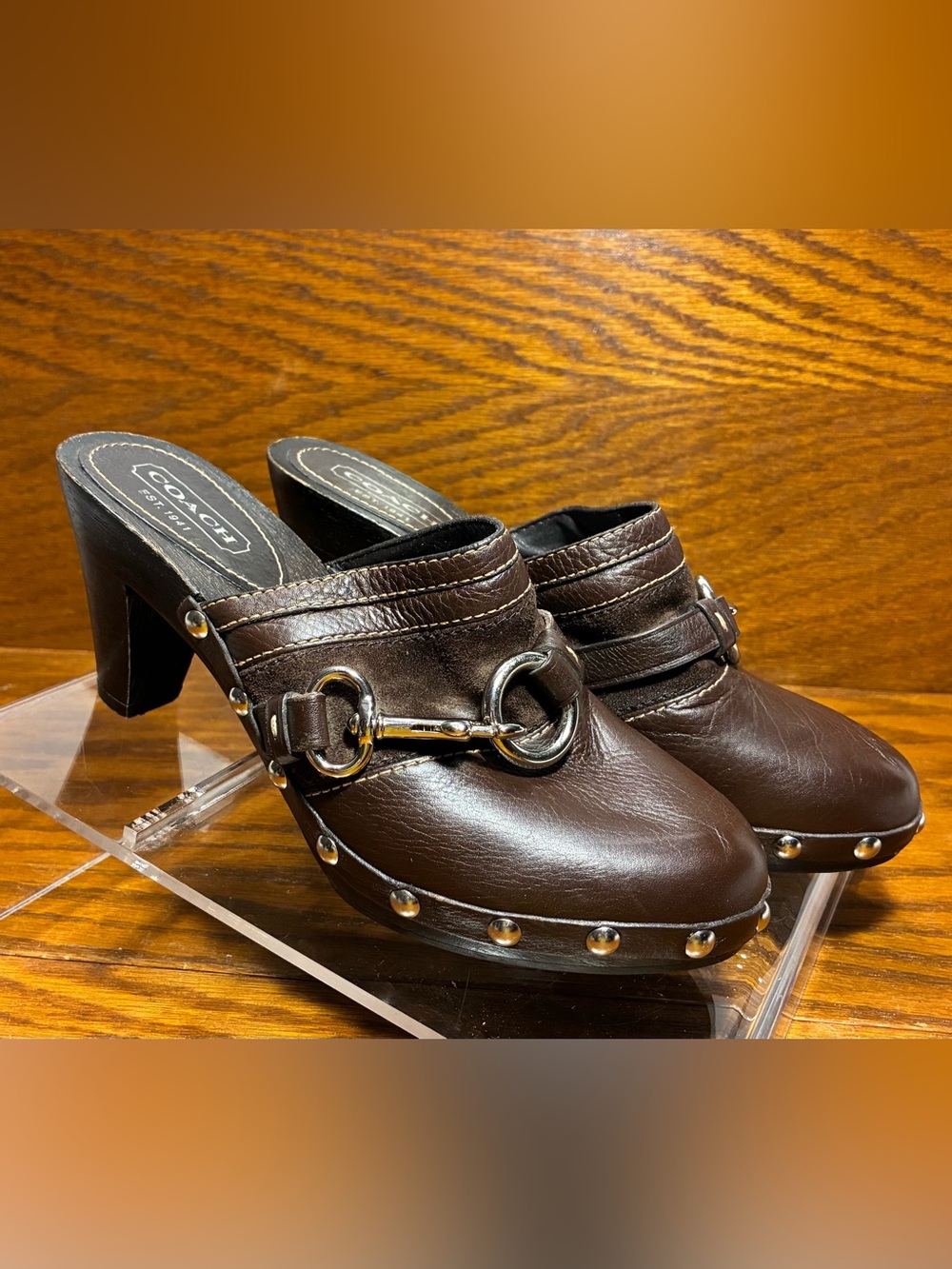 Y2K VTG Coach Horsebit Stud Wooden Heel Clogs Brown Leather Size 6